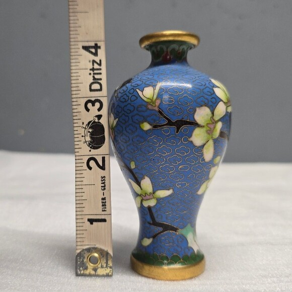Cloisonne Cherry Blossom Flowers With Bird Blue Vintage Chinese Mini Vase - Picture 8 of 10